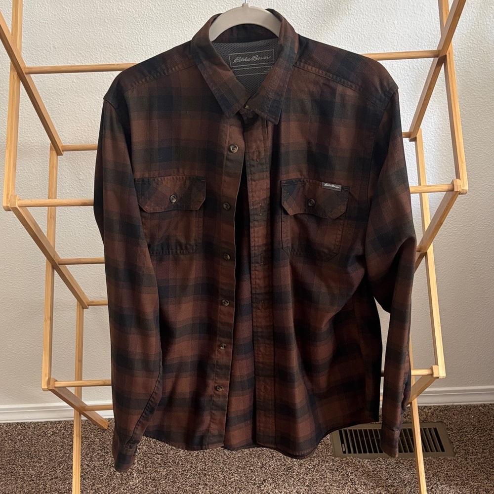 Eddie Bauer Men's Brown and Black Plaid Button-Down Shirt